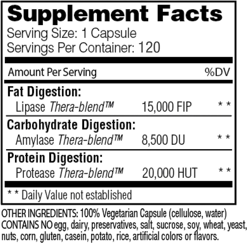 120 Capsules Vegan Gluten Free Fat Digestion Supplement E6162