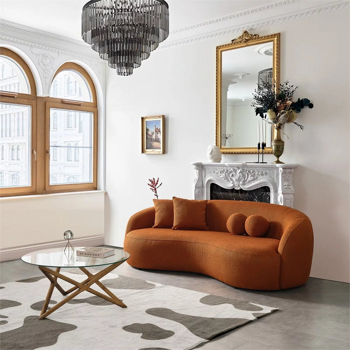 Orange Boucle Fabric Curvy Couch O835
