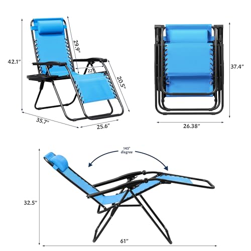 Zero Gravity Chairs Set of 2 Adjustable Steel Mesh Recliners with Cup Holder Tray and Pillow C8975