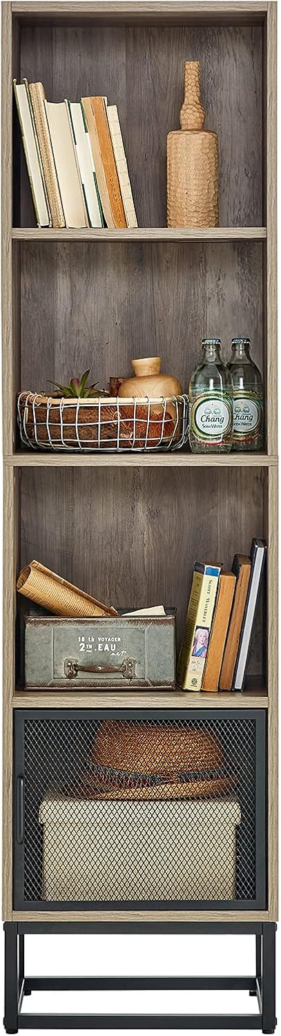 Grey 4-Tier Wood Bookcase with 4 Display Cases N812014