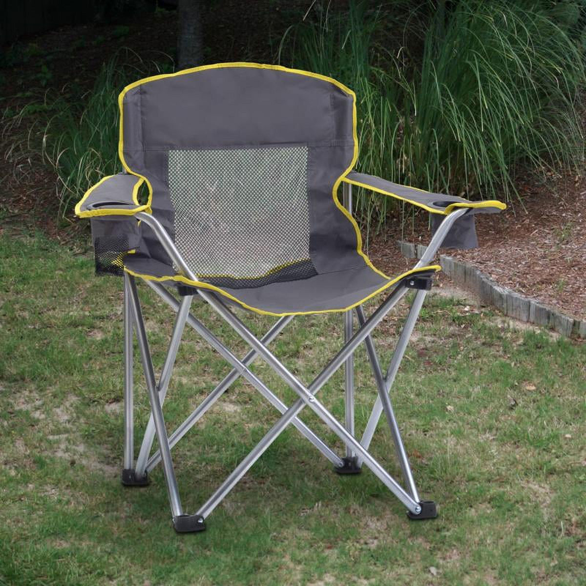 Gray Mesh Quad Folding Camping Chair with Cup Holders W9322