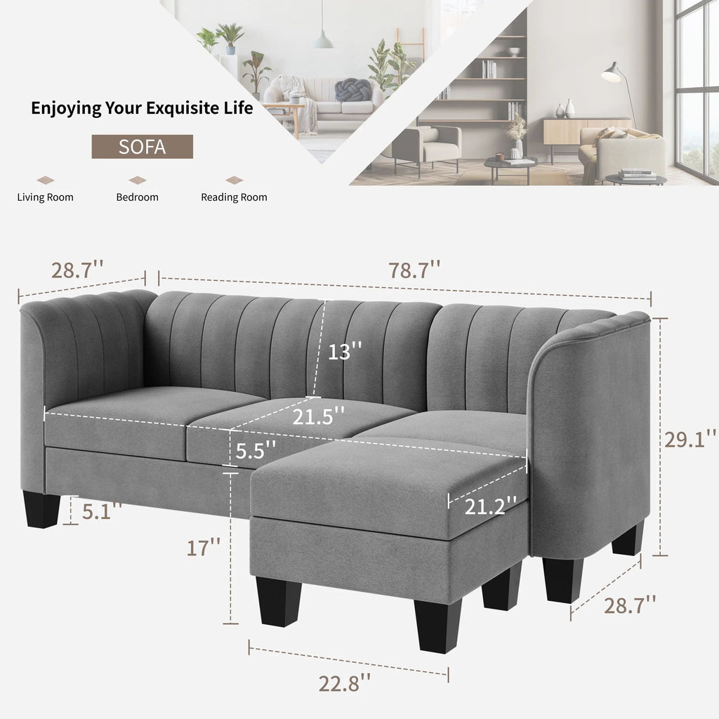 Black L Shaped Linen Fabric Sectional Sofa N8312