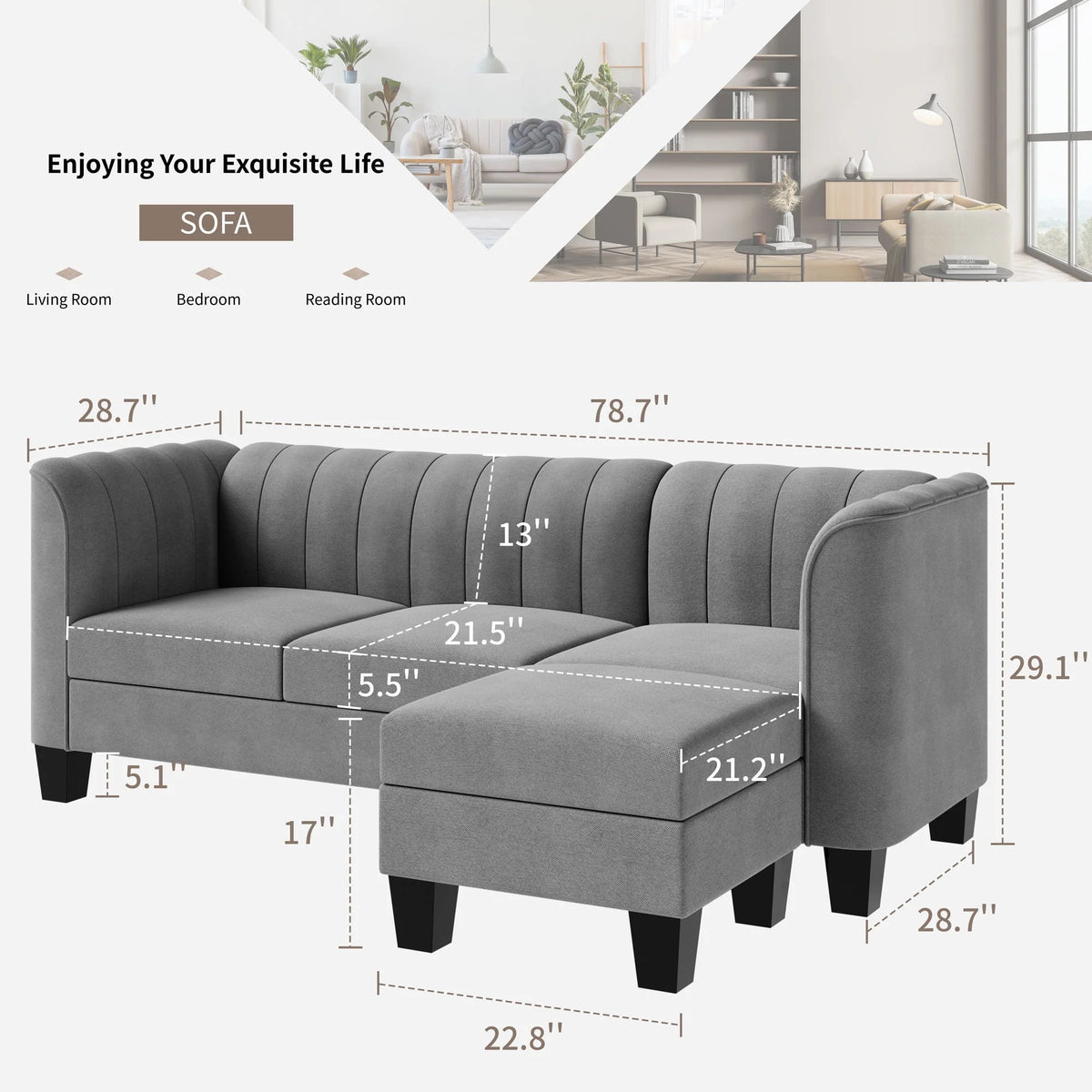 Black L Shaped Linen Fabric Sectional Sofa N8312