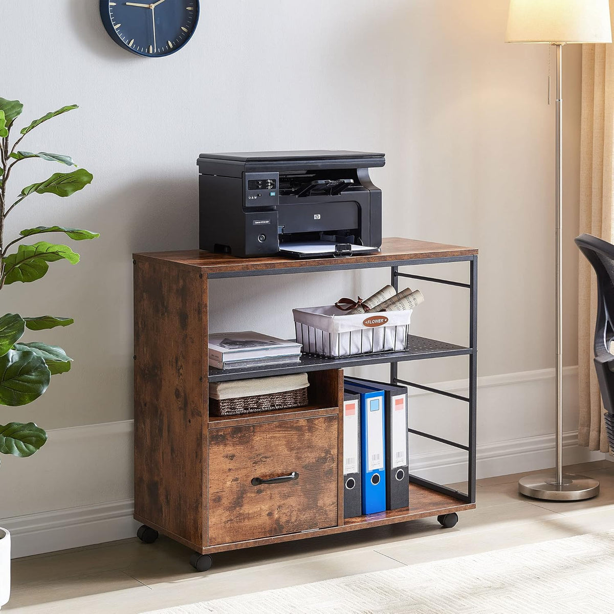 Industrial File Cabinet with Drawer, Printer Stand with Open Storage Shelves, Filing Cabinet with Wheels, Rustic Brown V885