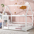 Full Size White Wooden Floor Bed with House Roof Frame V61539