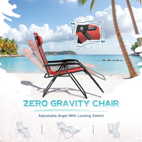Zero Gravity Chairs Set of 2 Adjustable Steel Mesh Recliners with Cup Holder Tray and Pillow C8975