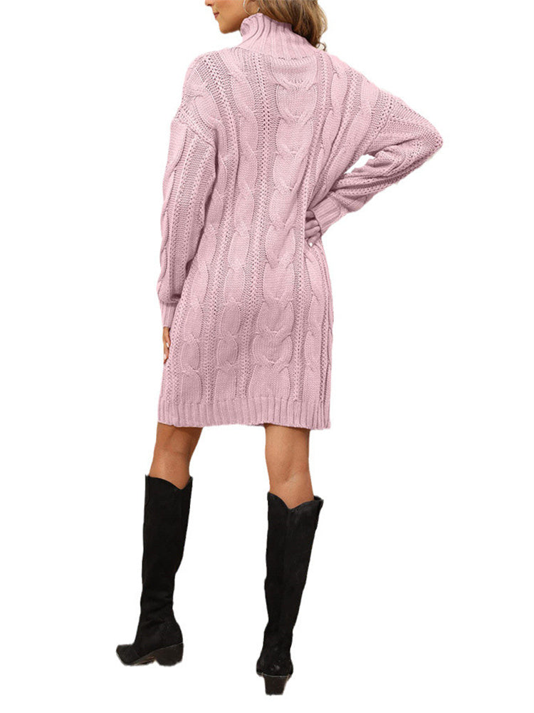 Turtleneck Cable Knit Long Sweater Dress I922161