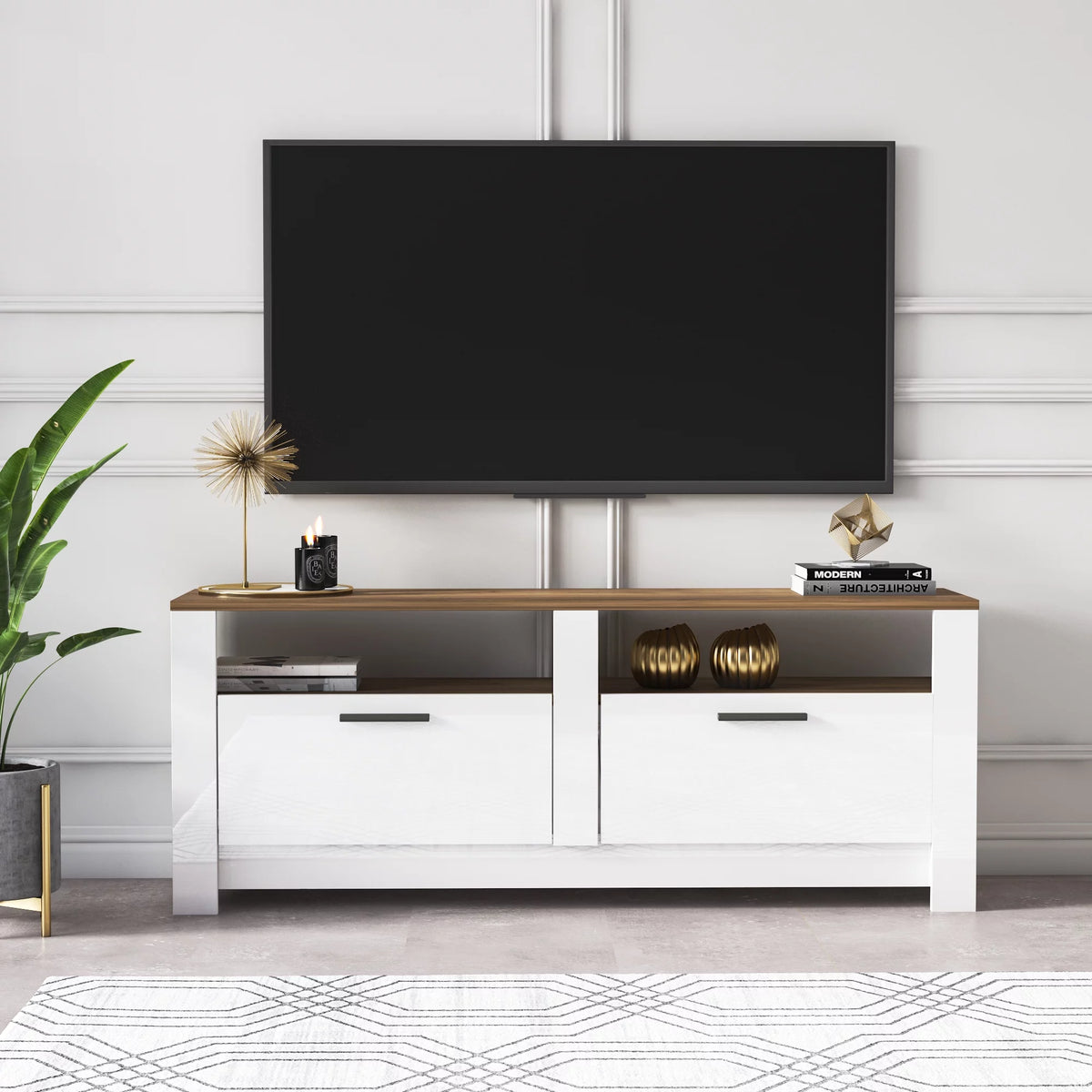 White and Oak 57 Inch 2 Drawer TV Stand K1693