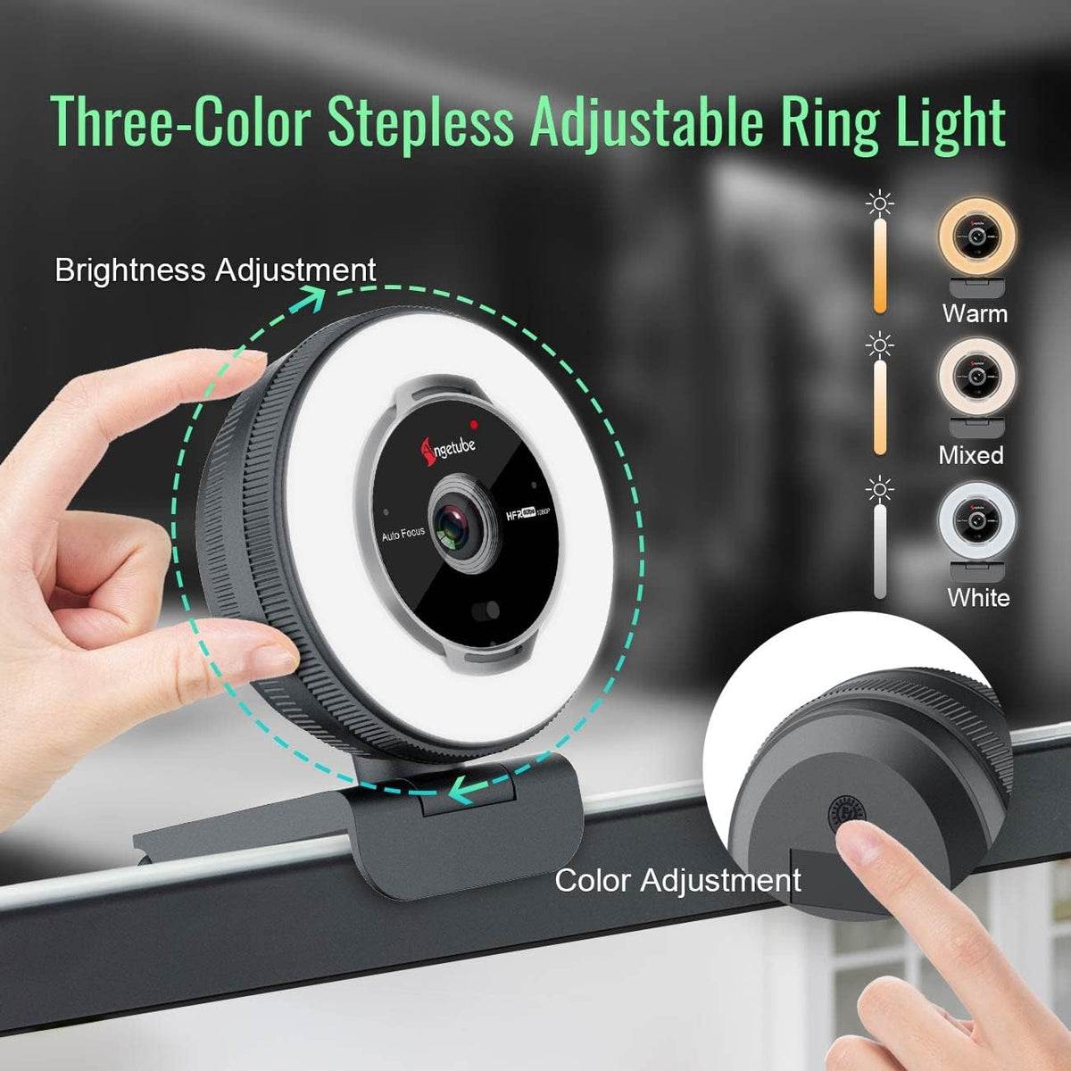 1080P 60FPS USB Webcam with Microphone and Ring Light Y692