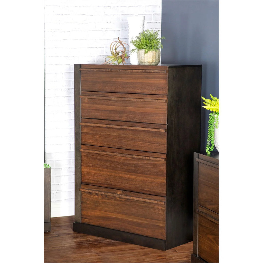 Contemporary Wood 5-Drawer Rectangular Chest in Walnut Q44979
