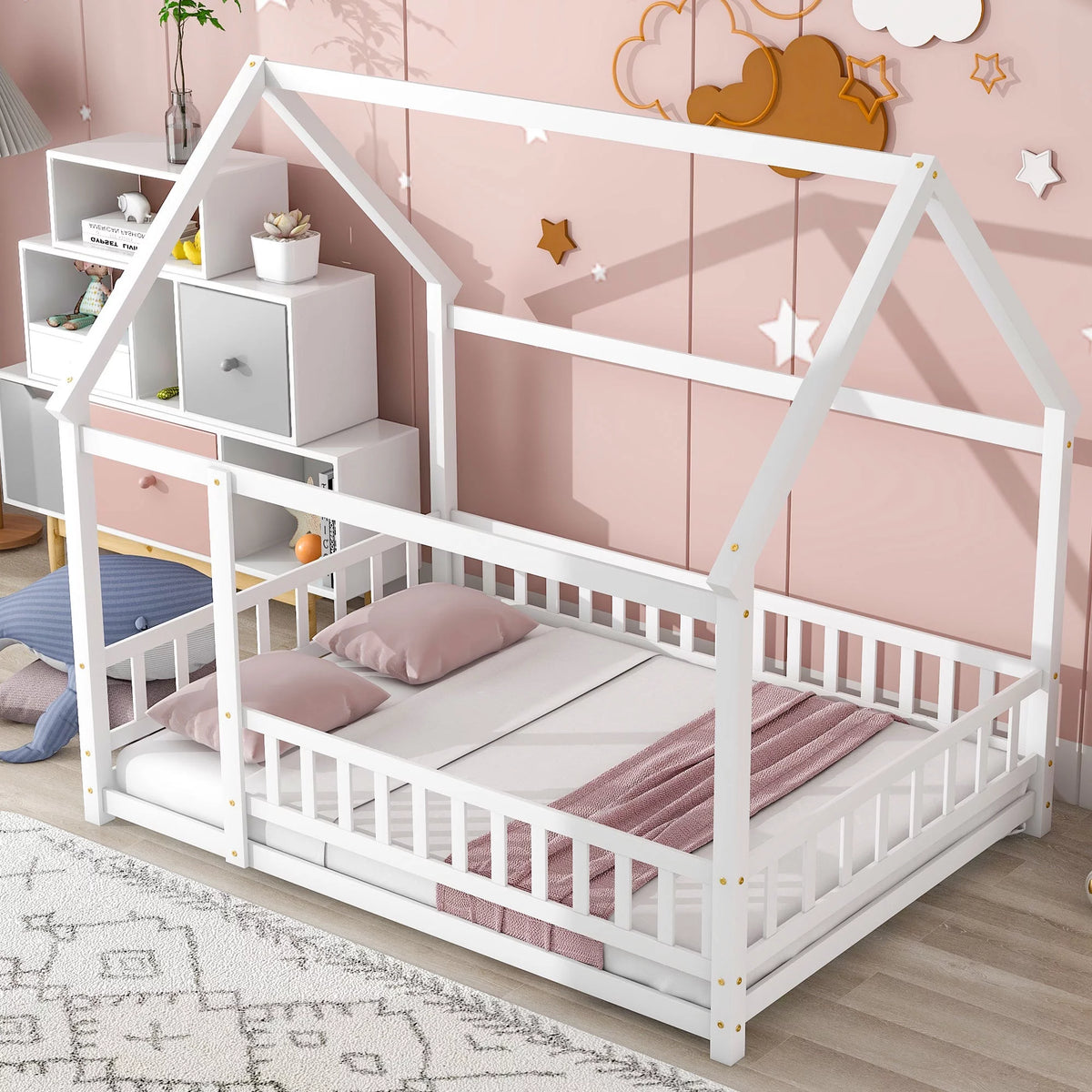 Full Size White Wooden Floor Bed with House Roof Frame V61539