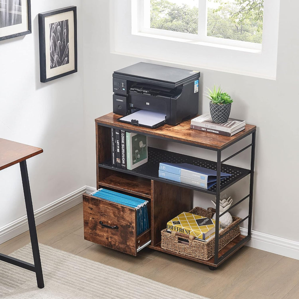 Industrial File Cabinet with Drawer, Printer Stand with Open Storage Shelves, Filing Cabinet with Wheels, Rustic Brown V885