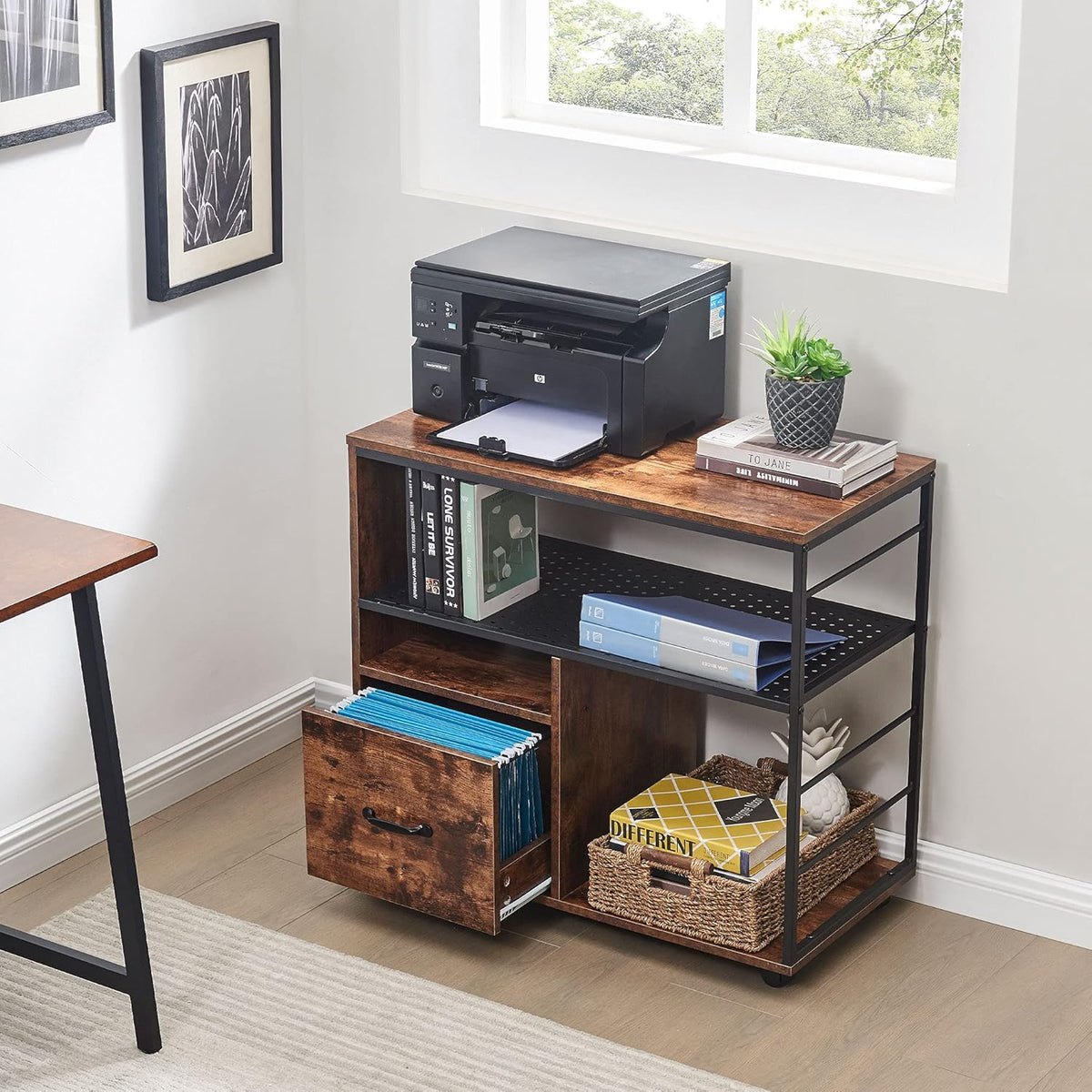 Industrial File Cabinet with Drawer, Printer Stand with Open Storage Shelves, Filing Cabinet with Wheels, Rustic Brown V885