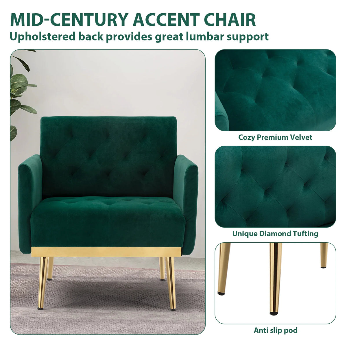 Green Velvet Upholstered Accent Chair with Metal Legs Y689158