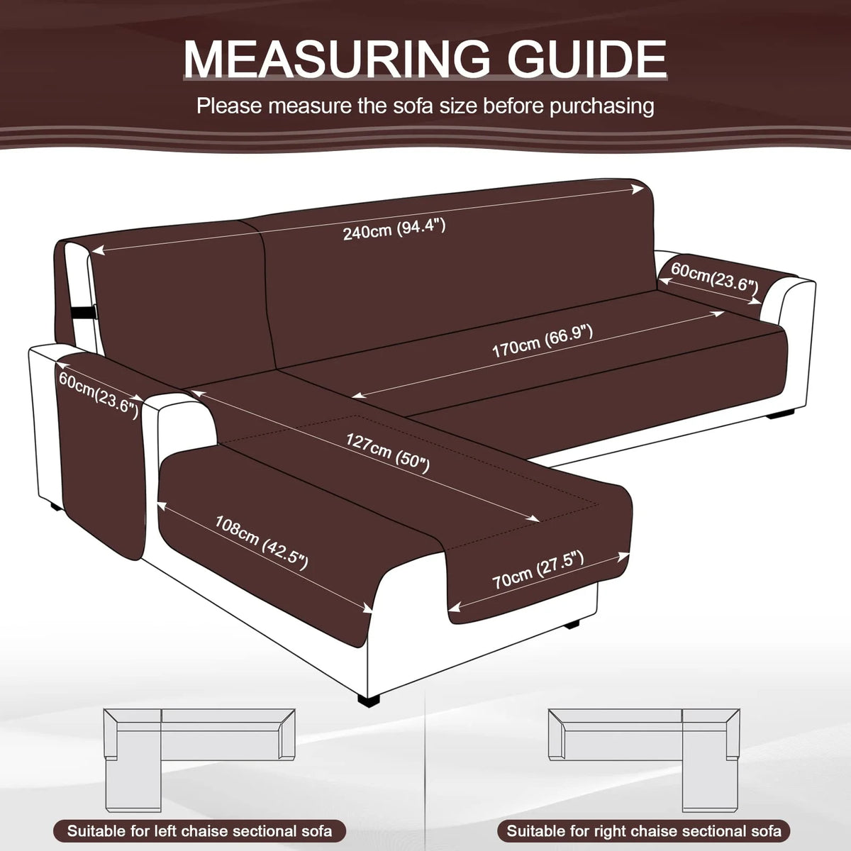 Large/Chocolate Waterproof L Shaped Sofa Covers 3pcs U6791
