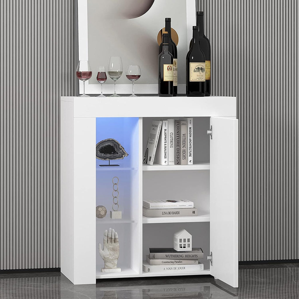 Black High Gloss Sideboard with Storage Cabinet & LED Lights, 1 Door & 2 Open Shelves F6023
