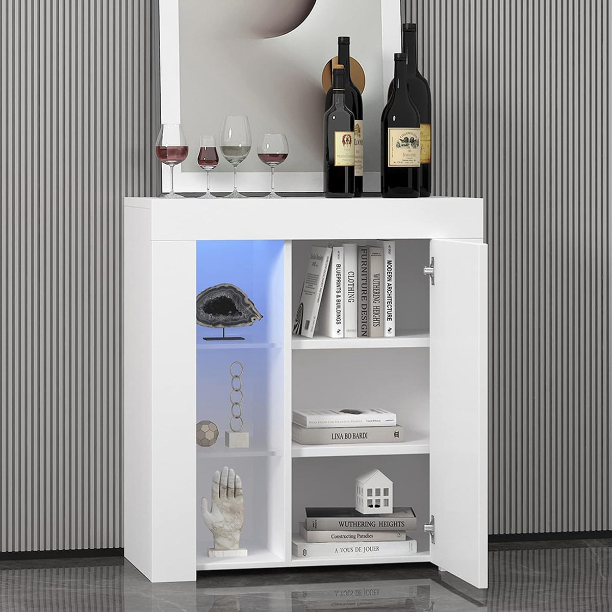 Black High Gloss Sideboard with Storage Cabinet & LED Lights, 1 Door & 2 Open Shelves F6023