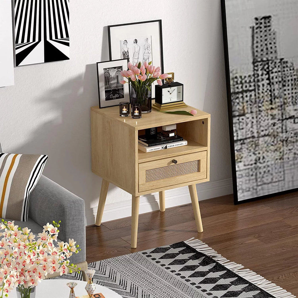 Rattan End Table with 1 Drawer and Open Storage Shelf A370329