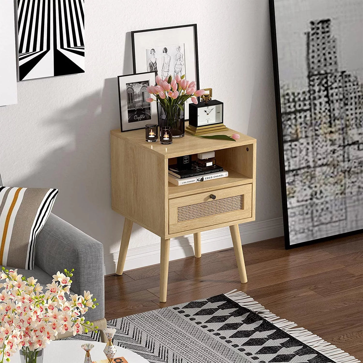Rattan End Table with 1 Drawer and Open Storage Shelf A370329