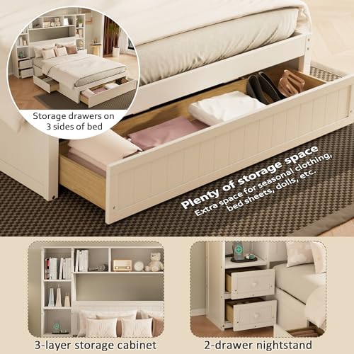 White Full Size Wood Platform Bed with Bookcase Headboard and Drawers J841898