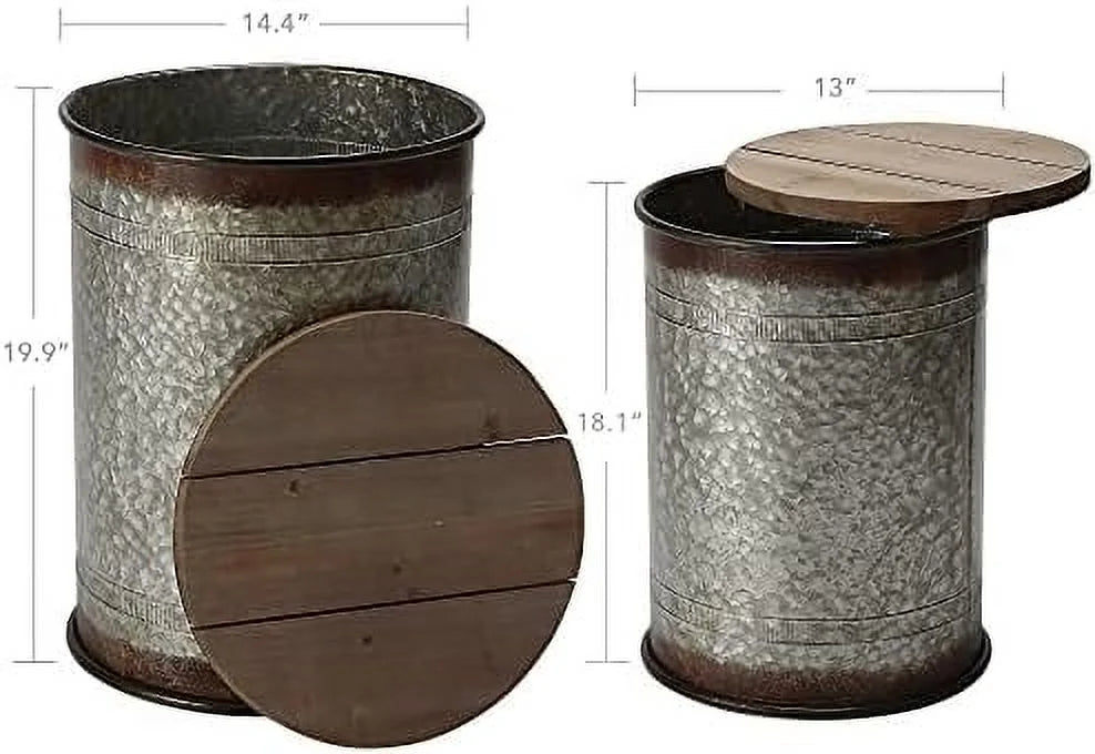 Farmhouse Accent Side Table Ottoman Seat Stool Metal End Table Box Bin with Round Wood Lid G84806