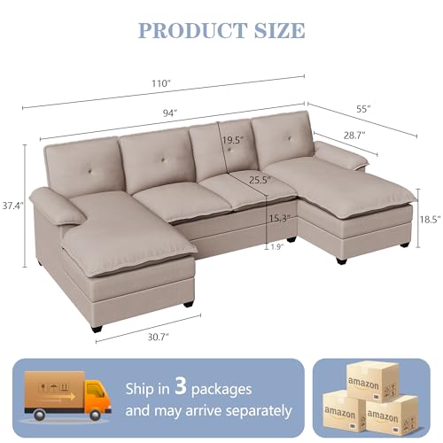 110" U-Shaped 4 Seat Sectional Sofa with Double Chaise, Beige Y3029