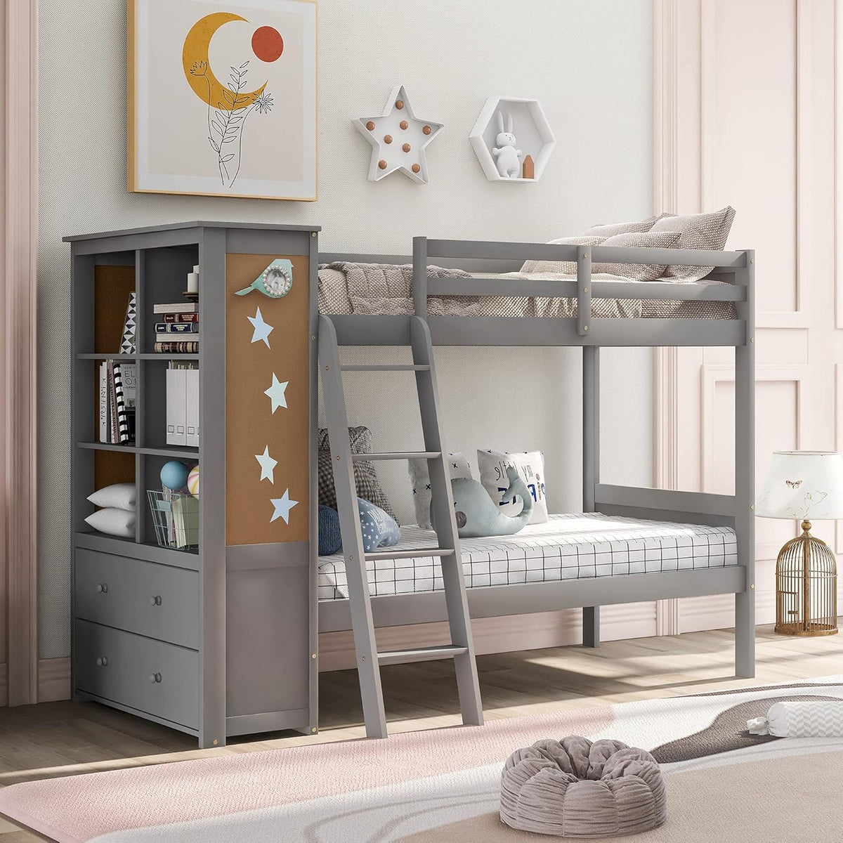 Twin Over Twin Bunk Bed with 6 Open Compartments and 2 Large Drawers X656