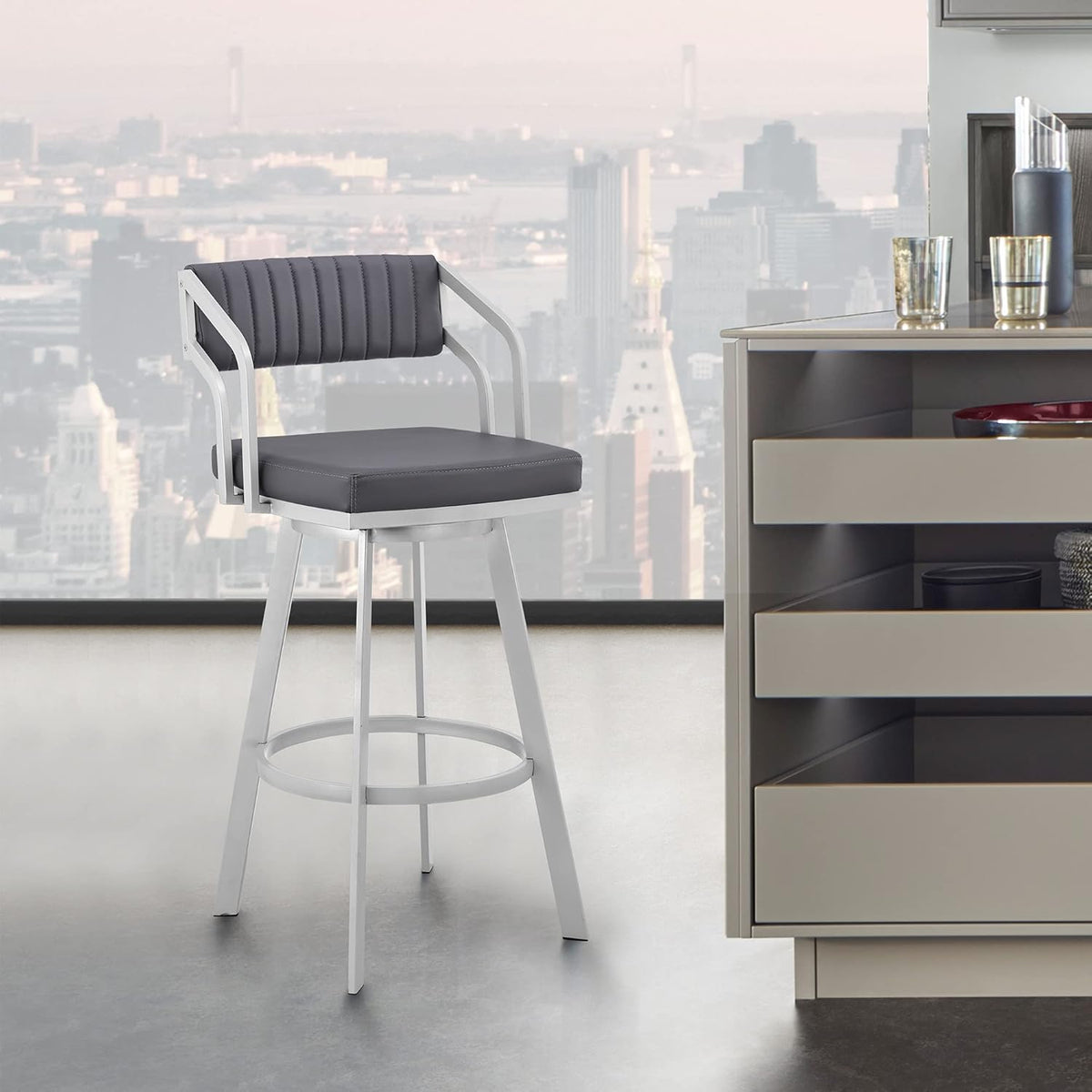 26 Counter Height Swivel Barstool with Black Finish and Slate Grey Faux Leather W118