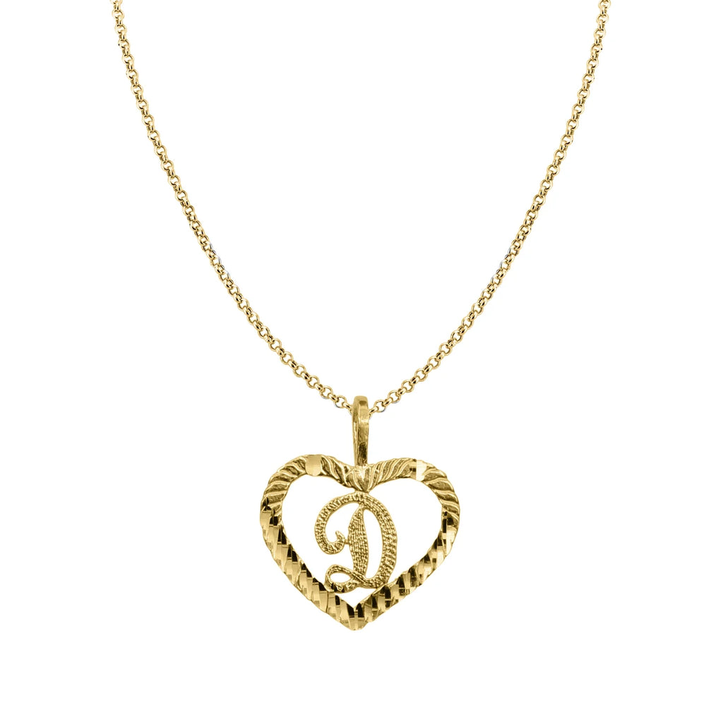 14k Yellow Gold Diamond-Cut Heart-Shaped Initial Letter Pendant with Rolo Chain L4995