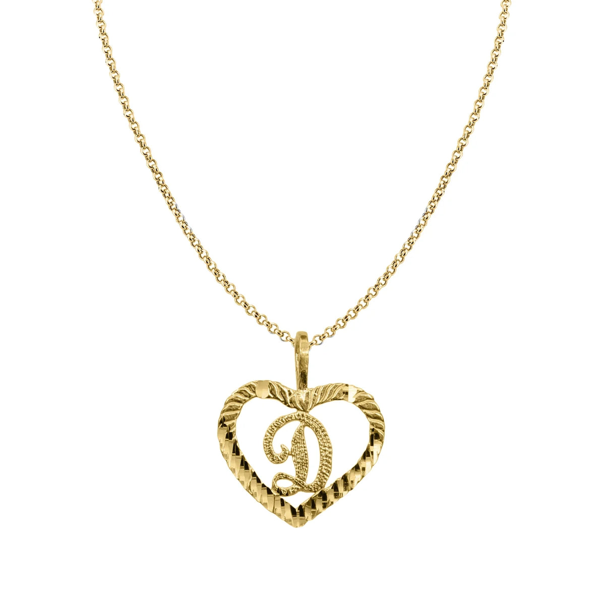 14k Yellow Gold Diamond-Cut Heart-Shaped Initial Letter Pendant with Rolo Chain L4995