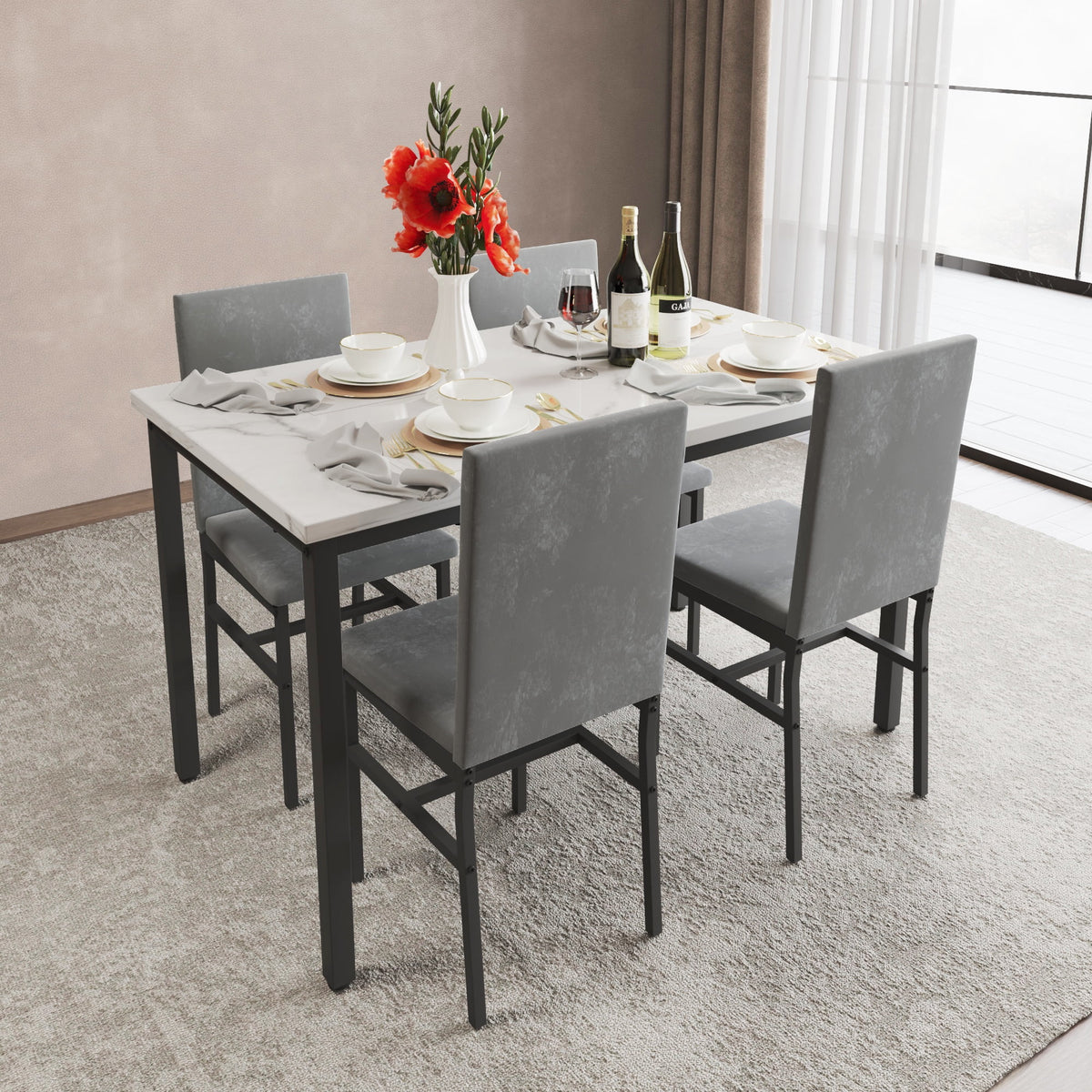 5-Piece White Marble Top Dining Table and 4 Gray Velvet Chairs A2125