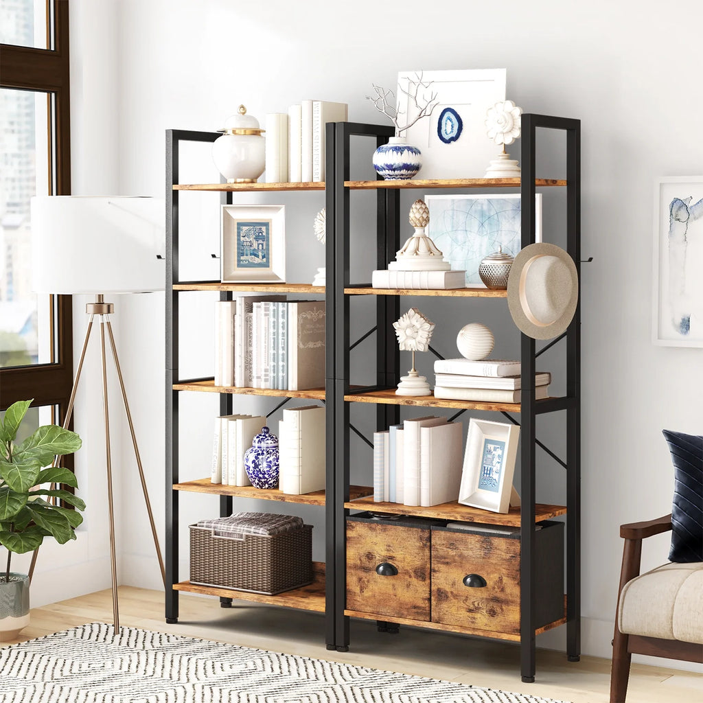 5 Shelf 2 Drawer Rustic Brown Bookcase Y7181