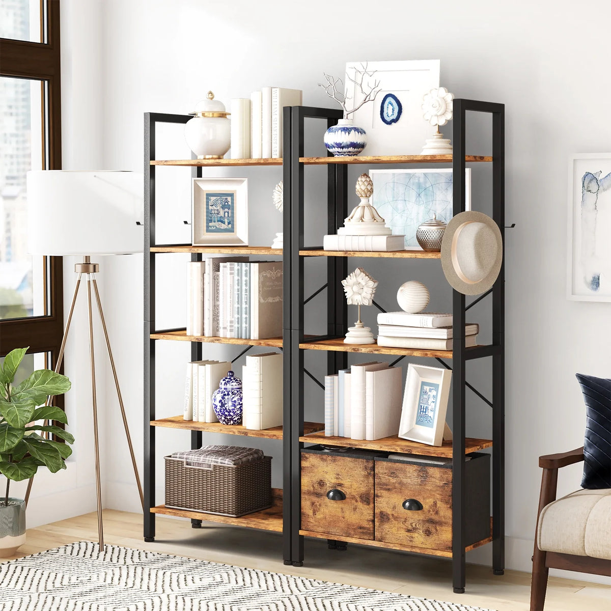 5 Shelf 2 Drawer Rustic Brown Bookcase Y7181