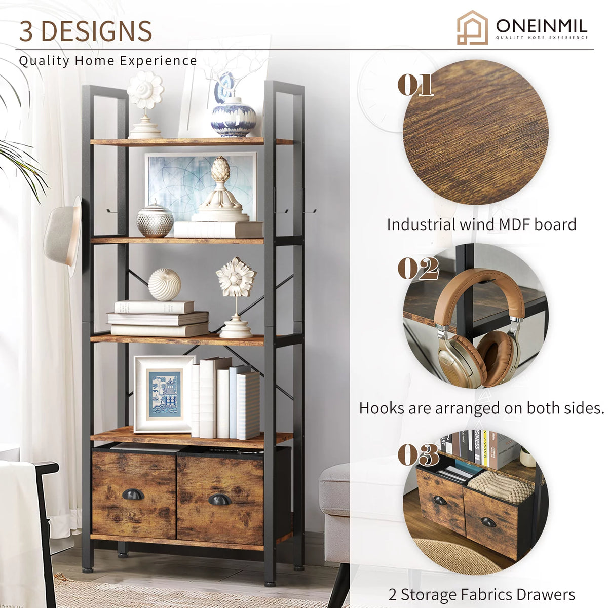 5 Shelf 2 Drawer Rustic Brown Bookcase Y7181
