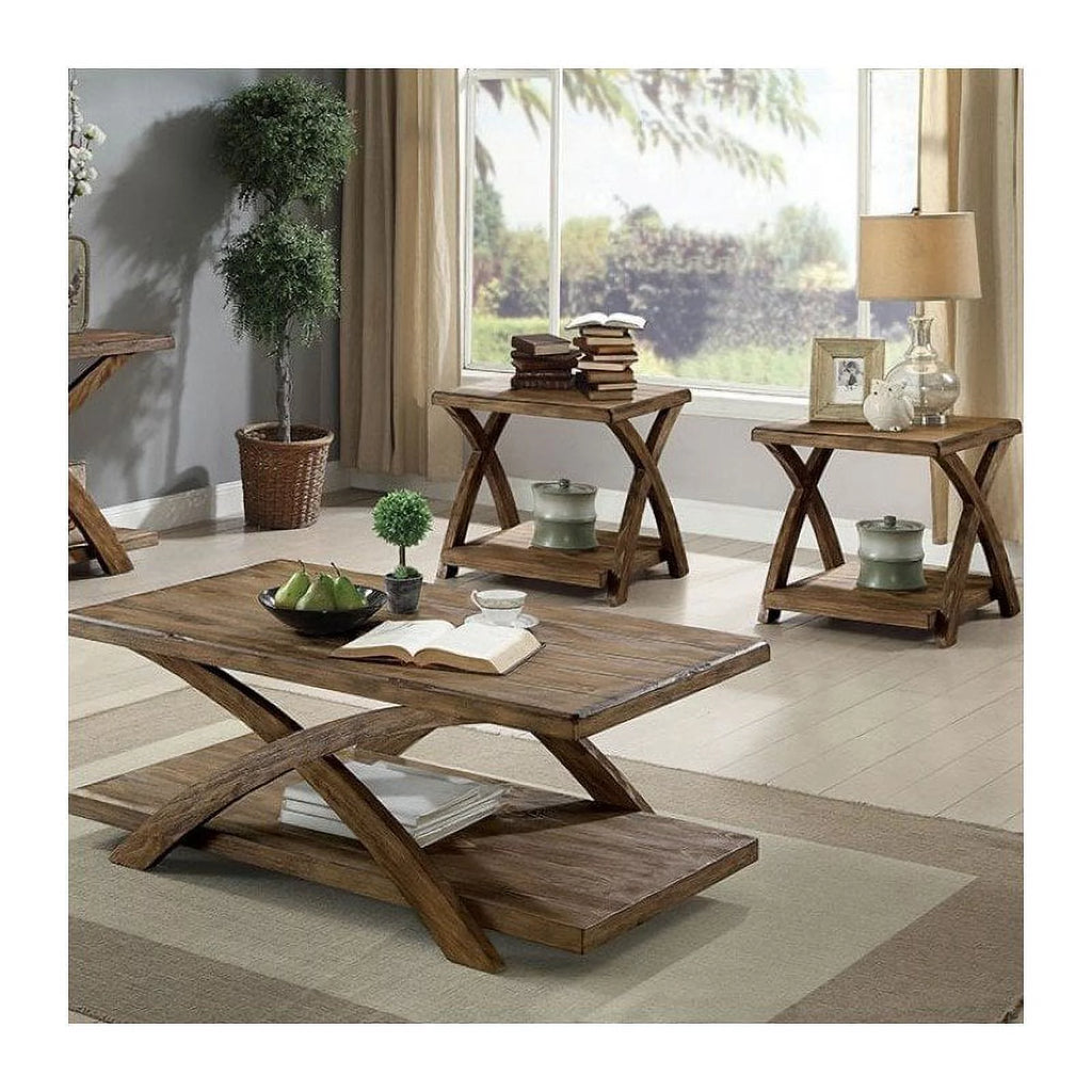 Rustic Wood 3-Piece Coffee Table Set in Oak F4027