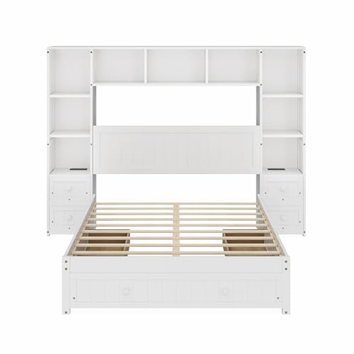 White Full Size Wood Platform Bed with Bookcase Headboard and Drawers J841898