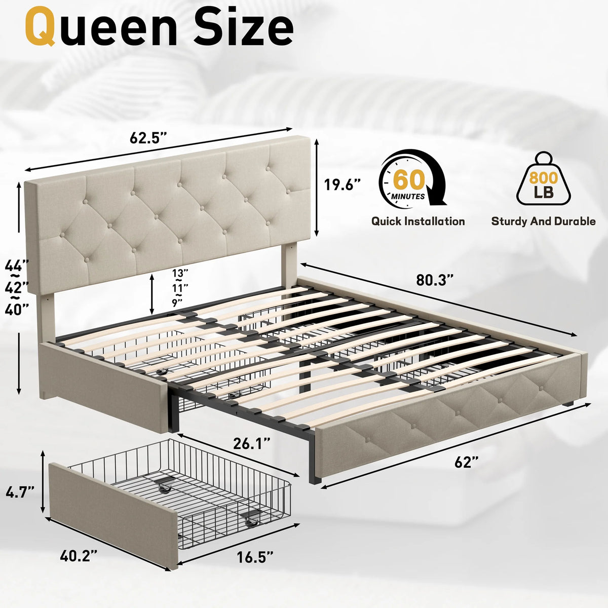 Queen Size Upholstered Storage Bed Frame with 4 Drawers Z655275