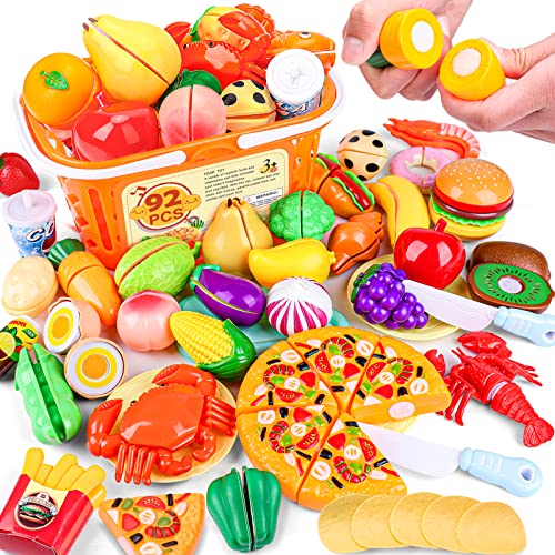 Play Food with Cutting Fruits & Vegetables, Plastic Mini Dishes Shopping Basket and Knife X423485