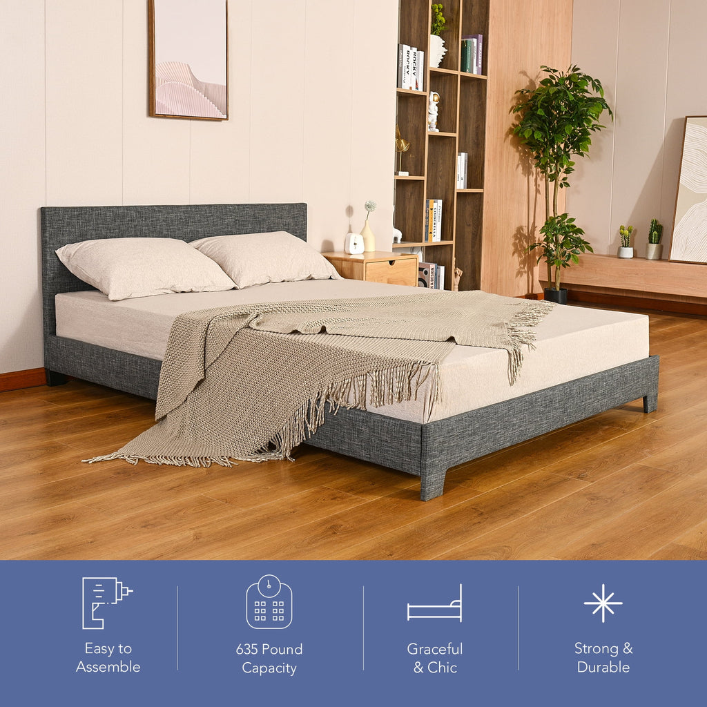 Queen Bed Frame with Headboard, Wood Slats, Gray M10166
