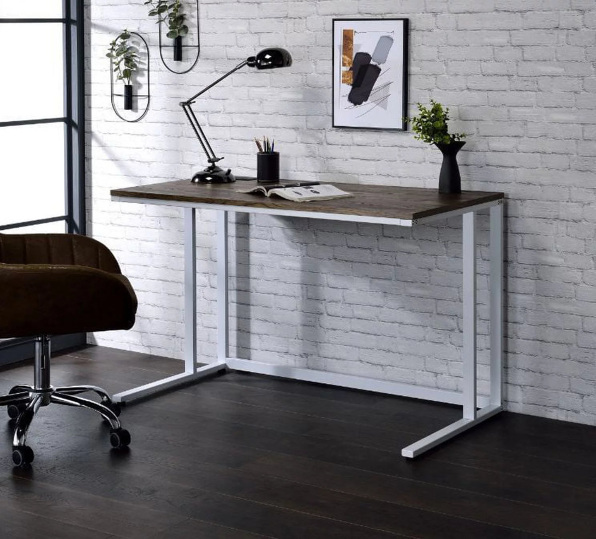 Walnut White Writing Desk with USB Port U880